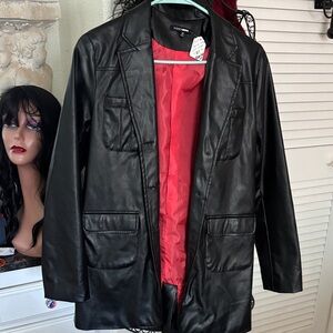 Black Faux Leather Blazer  jacket with Red Lining